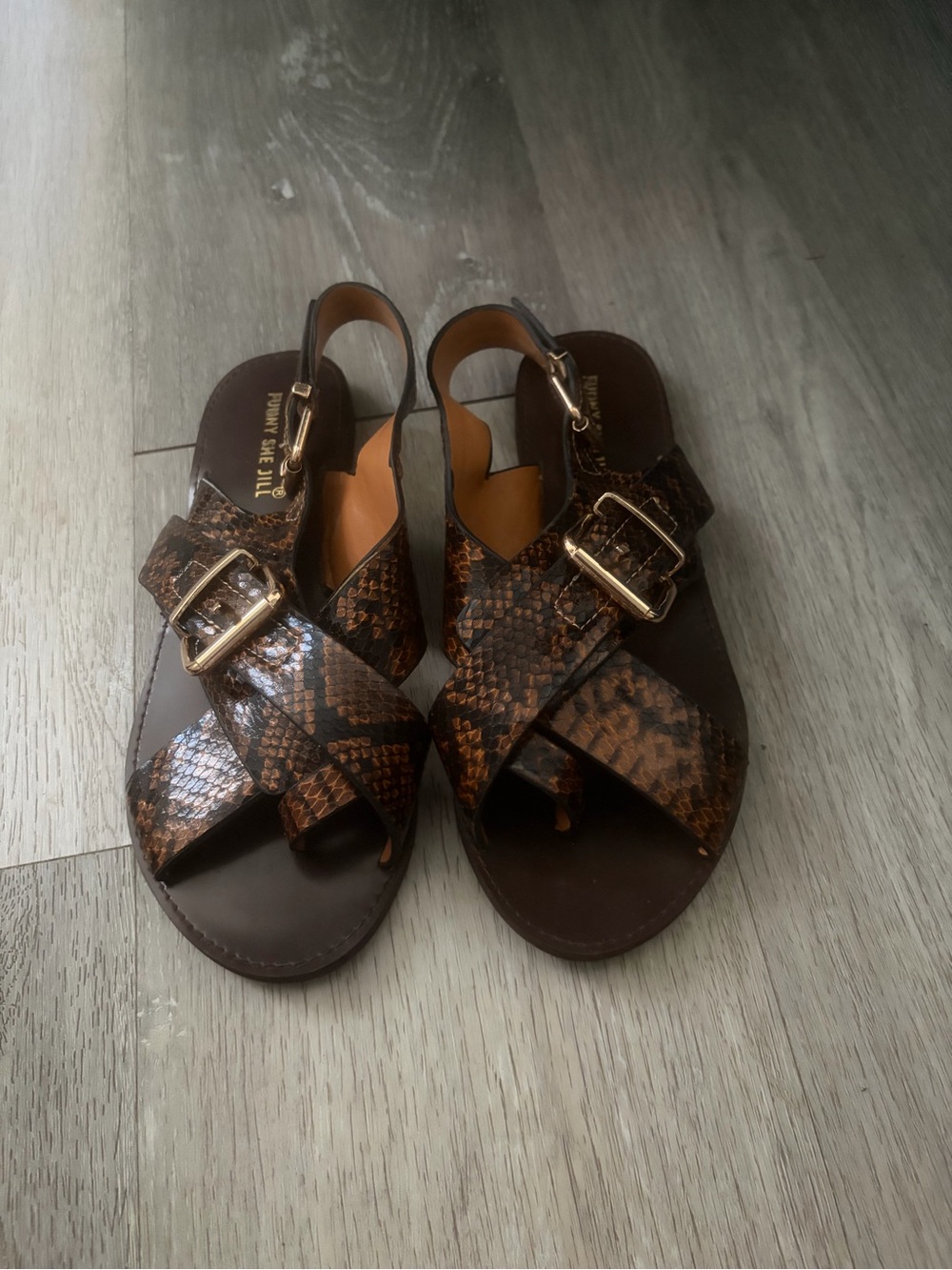 Brown Snake-Print Leather Slingback Sandals